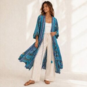 Swarna Greece Silk Blend Boho Kimono Duster Women OS Blue Tie Front Maxi Robe